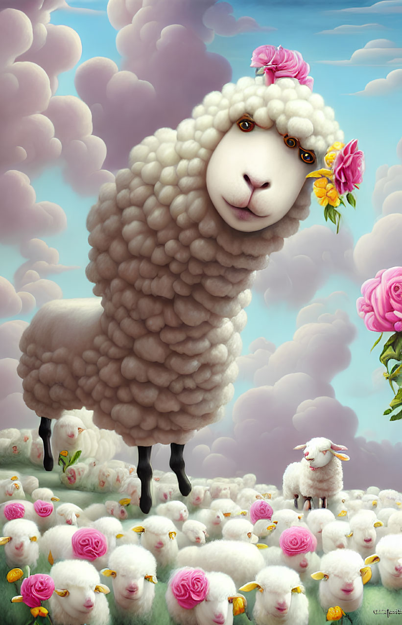 Stylized sheep digital art with thick wool and flowers, among cloud-like flock