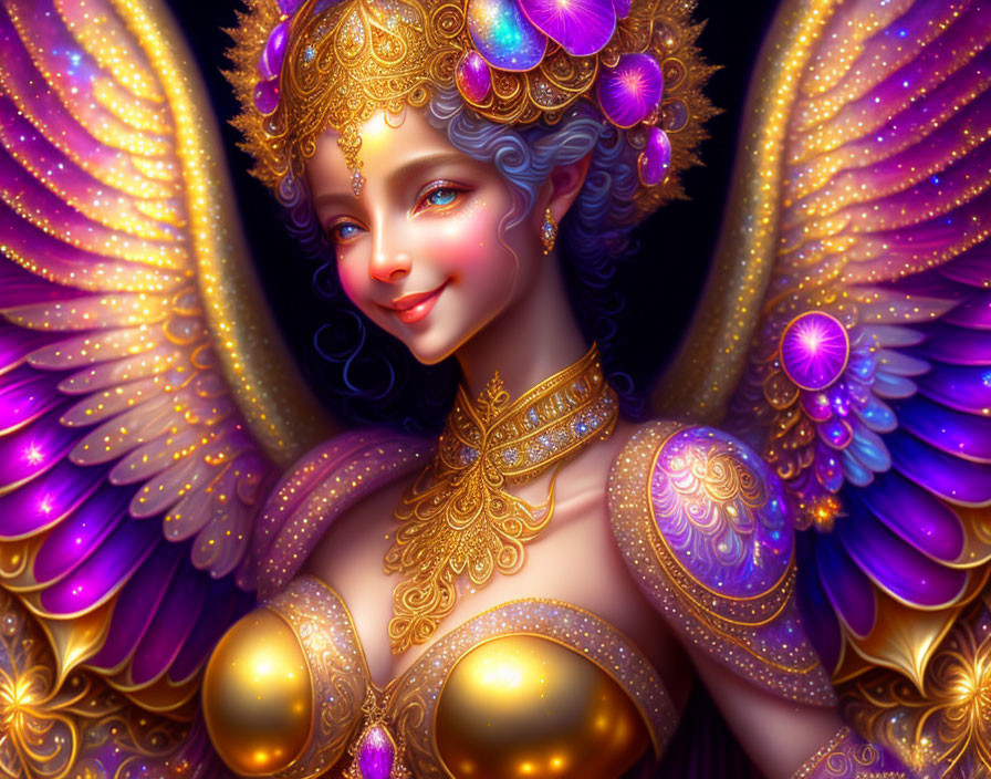 Colorful digital art: Ethereal female figure in golden and purple attire with luminescent wings