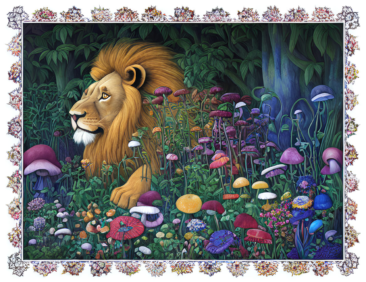 Majestic lion head in vibrant forest with mushrooms and foliage