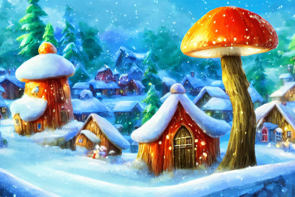 Snow-covered mushroom-shaped houses in a winter village scene