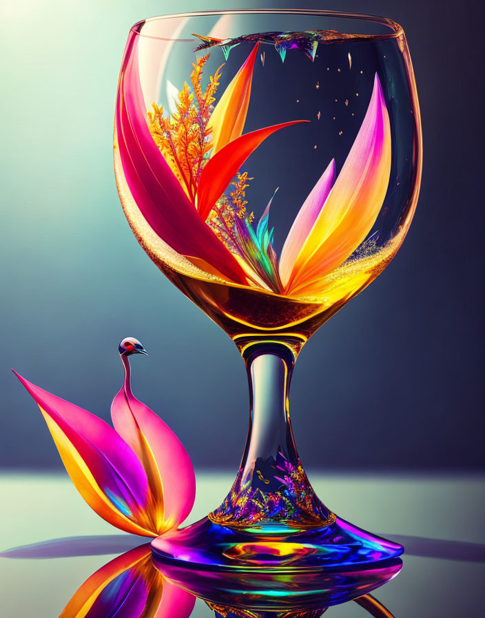 Vibrant digital artwork: Glass with abstract foliage and swan reflection