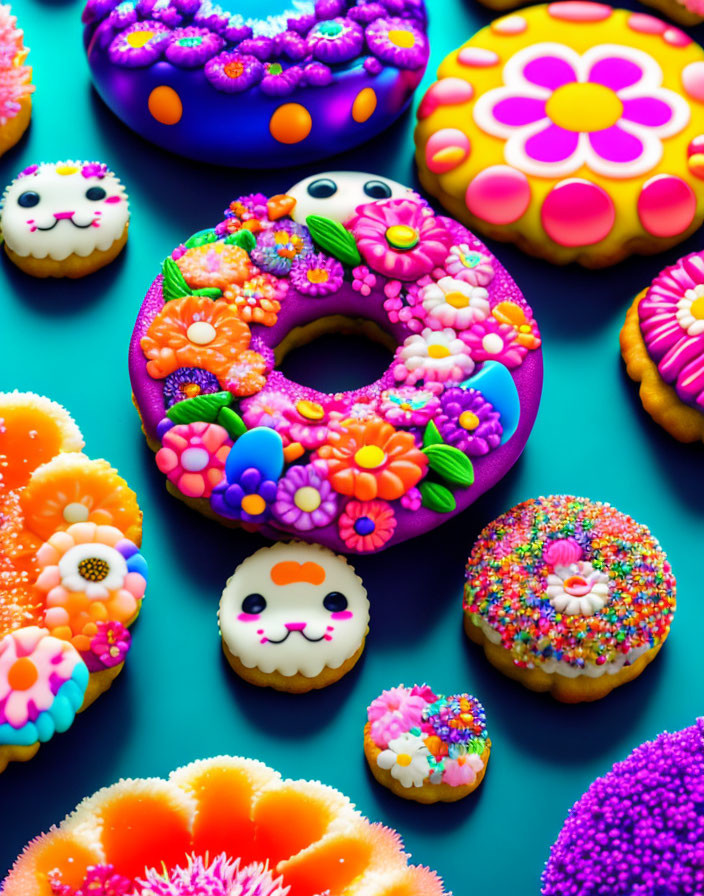 Vibrant Icing and Sprinkles on Colorful Donuts and Cookies