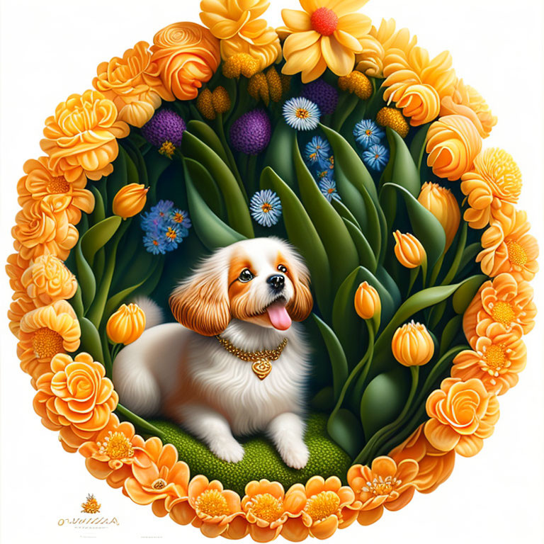 Fluffy white dog surrounded by colorful flowers in circular arrangement