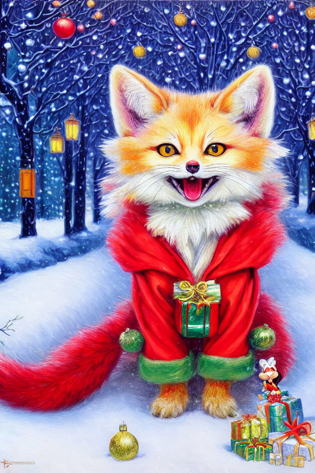 Smiling fox in red holiday coat with gift in snowy landscape