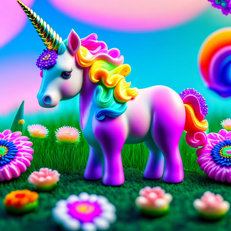 Colorful unicorn illustration in magical landscape.