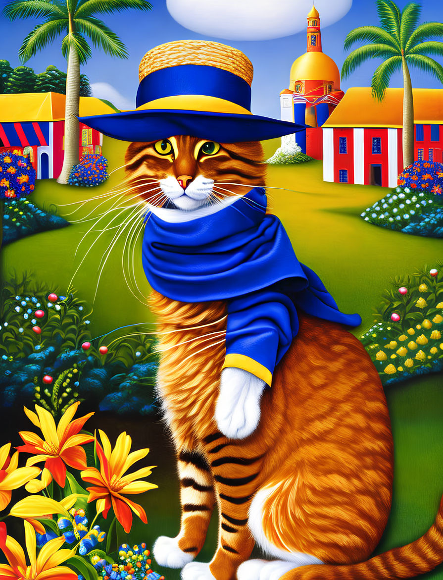 Colorful Anthropomorphic Orange Cat Painting in Tropical Landscape