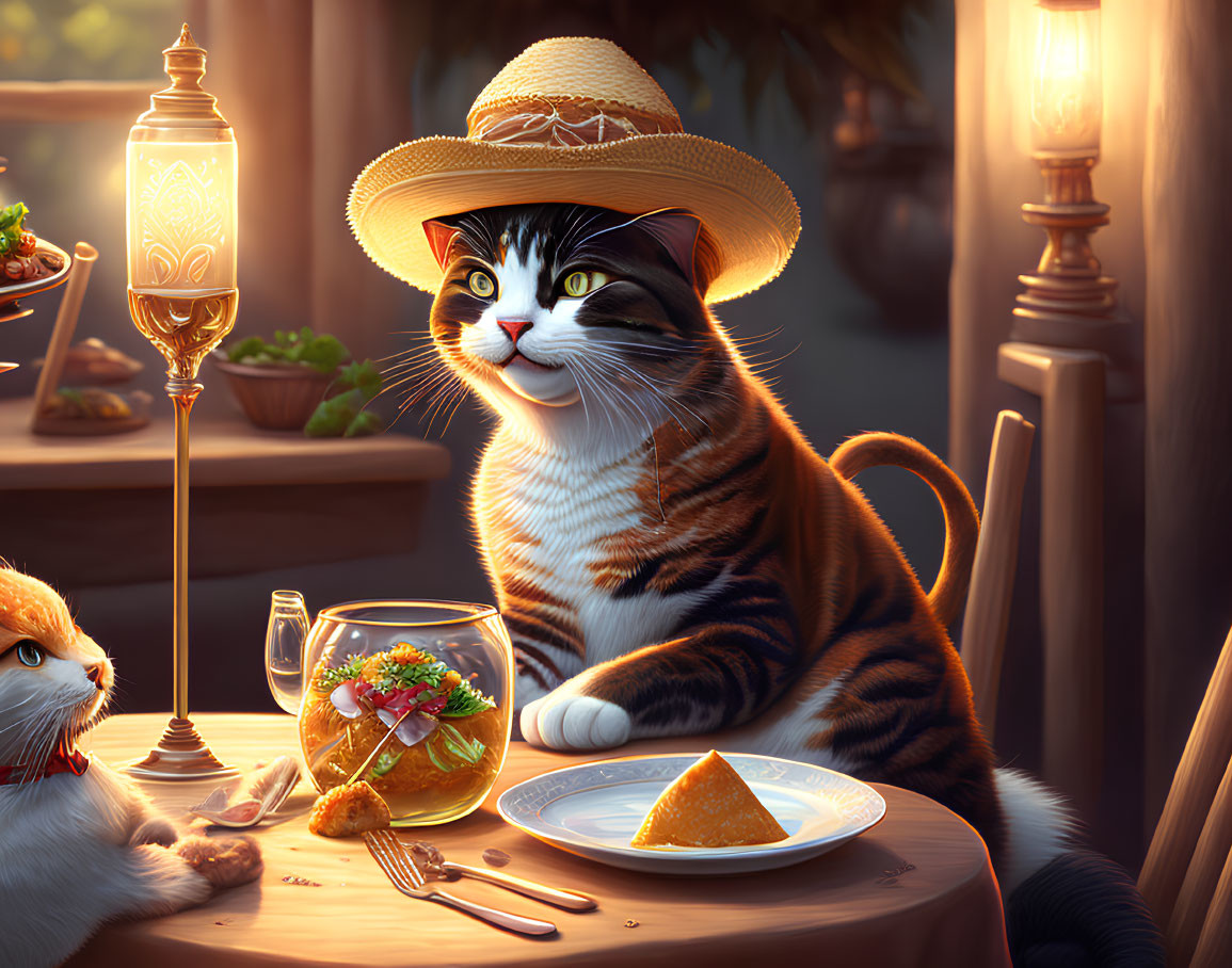 Cat in straw hat with kitten and candle at table in warm evening ambiance