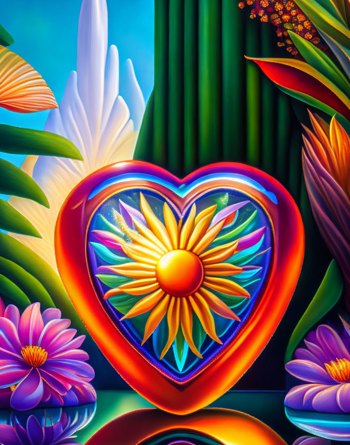 Colorful Heart and Flower Painting with Stylized Blooms and Blue Sky