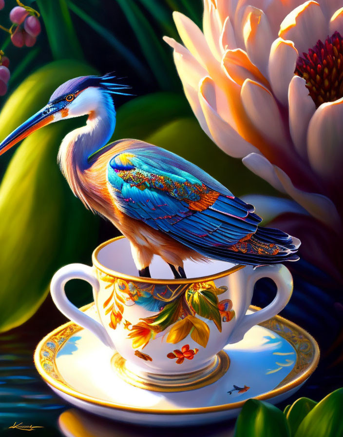 Colorful bird on teacup with greenery and flower.