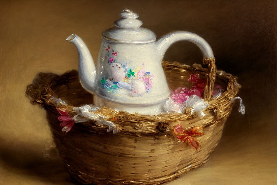 Traditional Still Life Painting of White Teapot in Wicker Basket