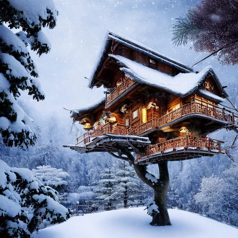 Traditional Wooden Treehouse Illuminated in Snowy Landscape