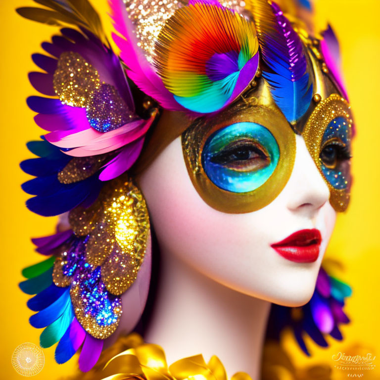 Colorful Figure in Ornate Masquerade Mask on Yellow Background