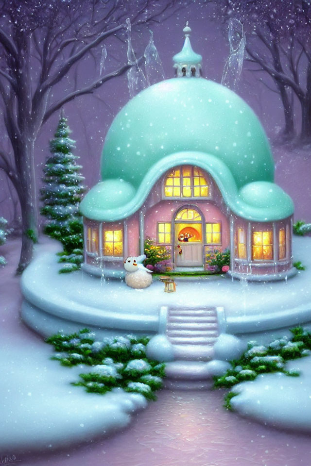 Snow-covered whimsical house with Christmas tree and snowman in winter scene.