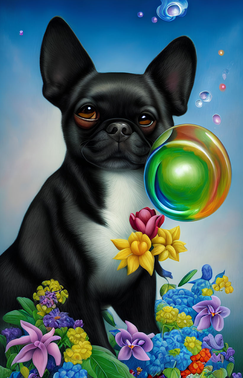 Black and Tan Dog Surrounded by Colorful Flowers and Iridescent Bubble