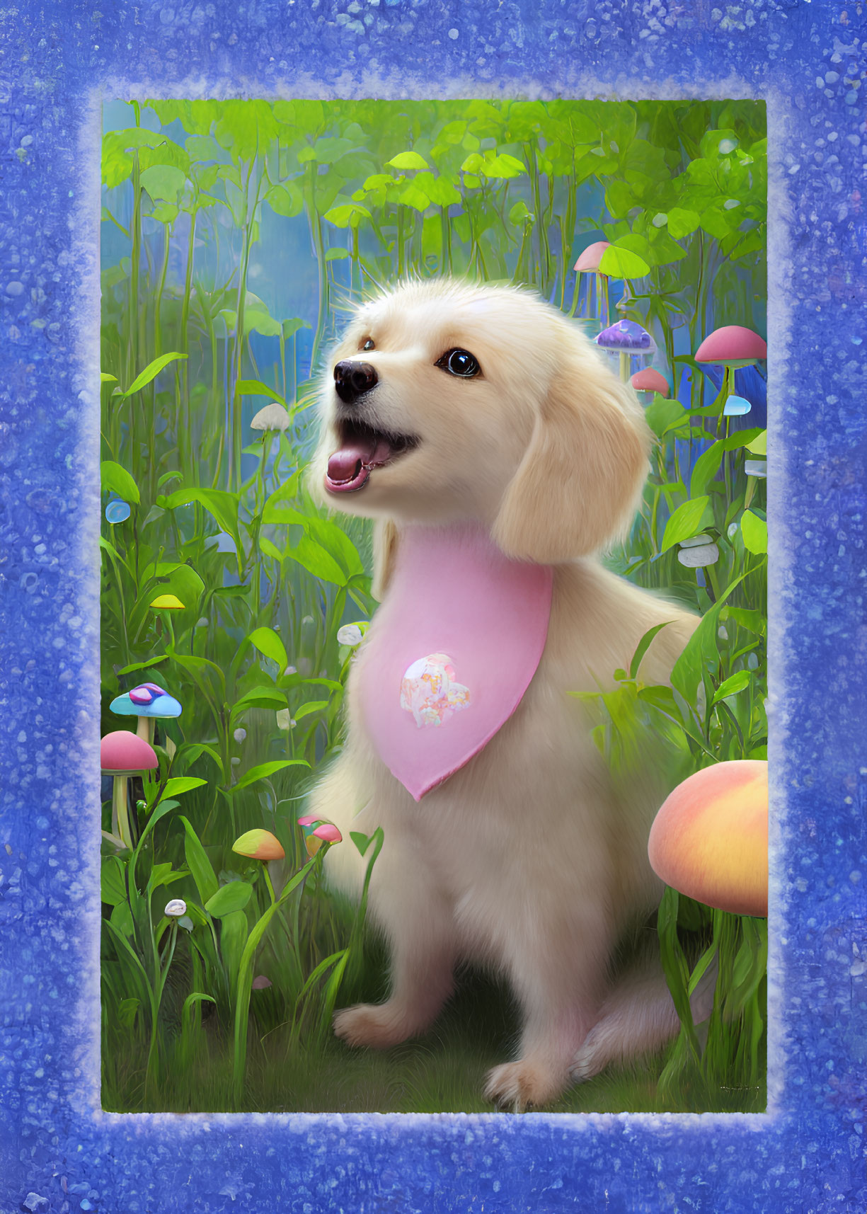 Colorful illustration of a happy golden puppy with pink bib among vibrant mushrooms and greenery