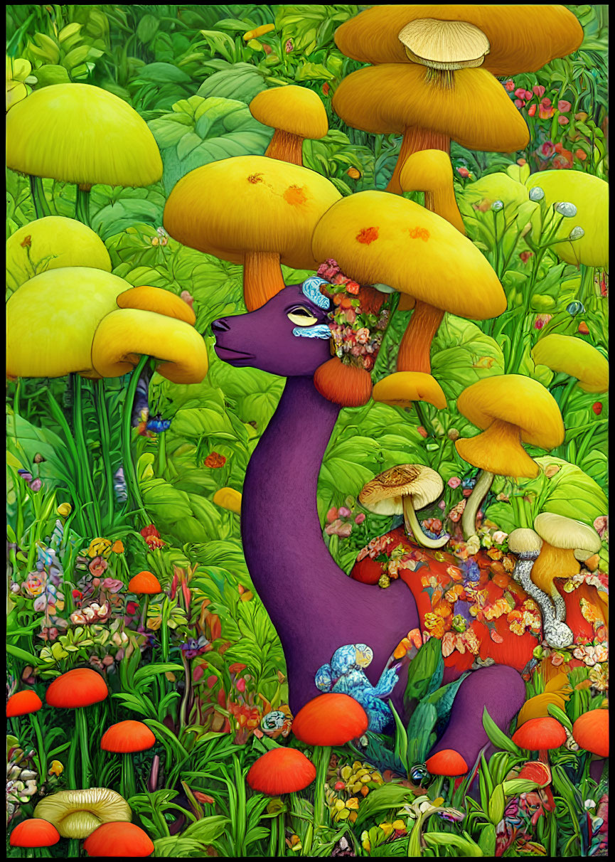 Vibrant illustration of violet creature in whimsical forest