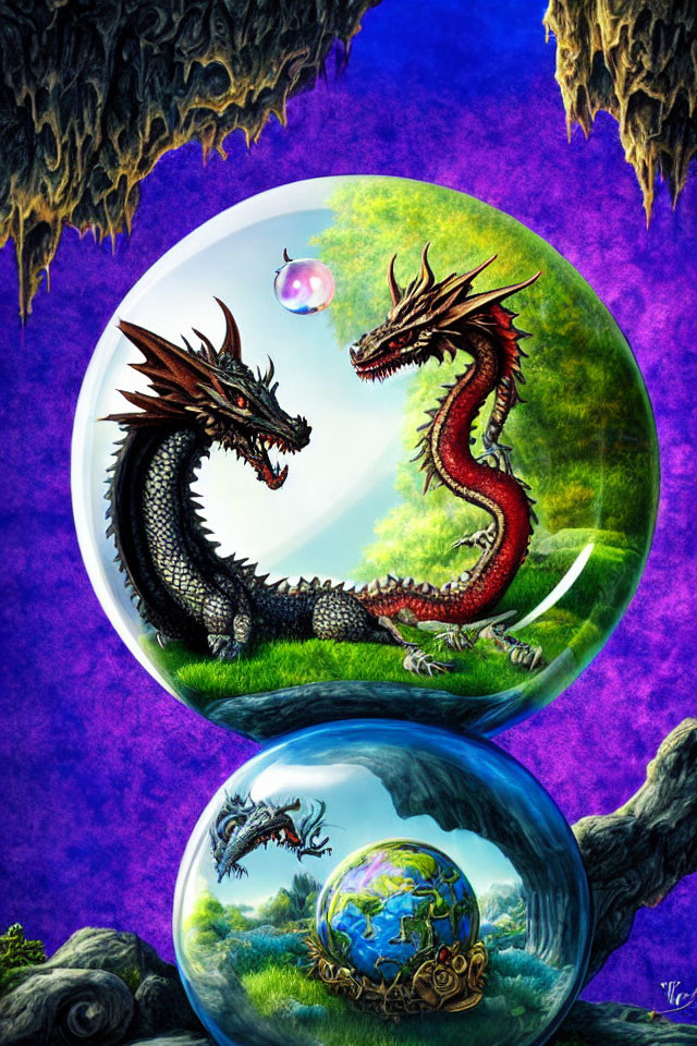 Dragons surrounding reflective spheres with lush landscape and Earth in surreal setting