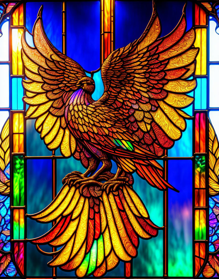 Colorful Stained Glass Window: Majestic Eagle in Flight