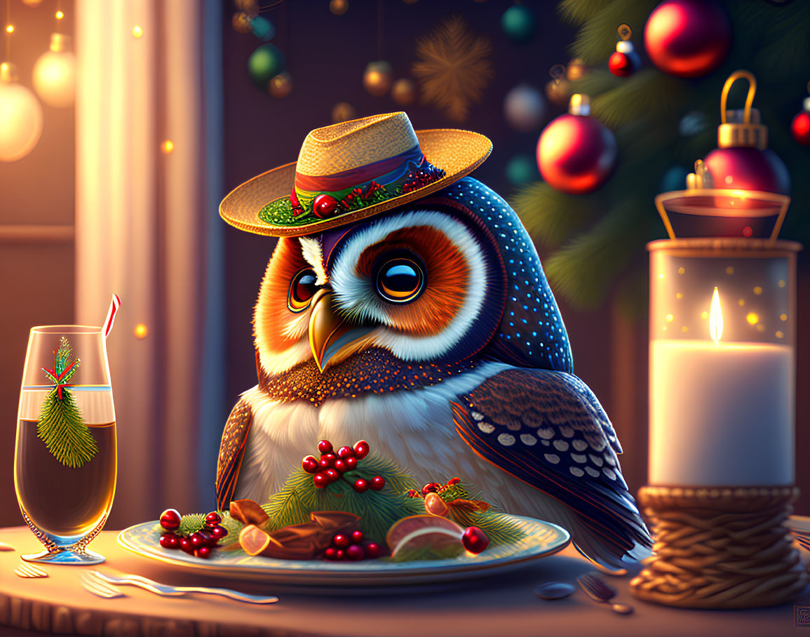 Illustrated owl in hat with Christmas decorations and candle on festive background