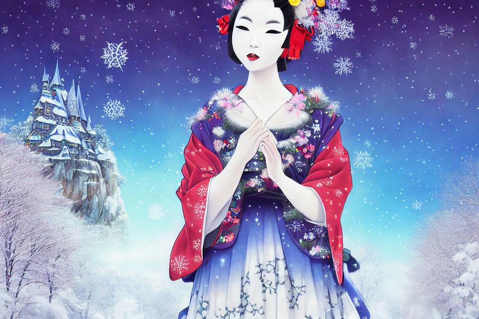 Traditional geisha illustration with snowy landscape and castle.