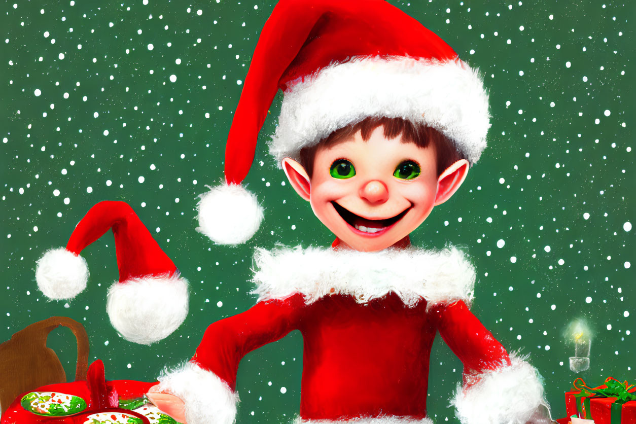 Cheerful cartoon elf in Santa hat surrounded by snowflakes and cookies