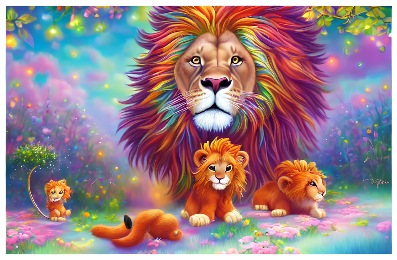 Colorful Lion and Cubs in Whimsical Landscape