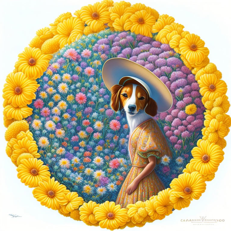 Dog with human-like features in dress and hat, surrounded by colorful flower circle