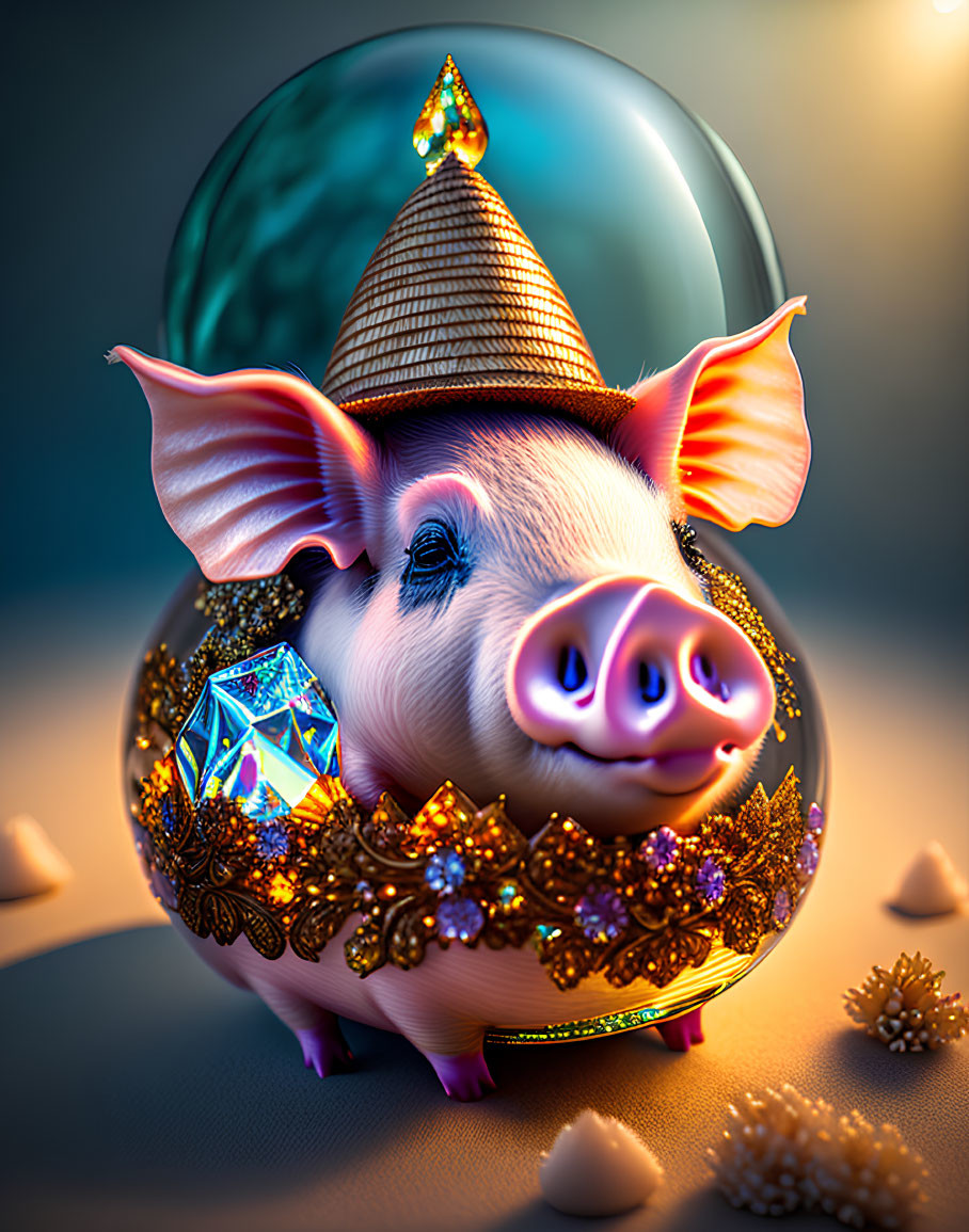 Whimsical piggy bank with diamond, gold details, and cone hat on blue background