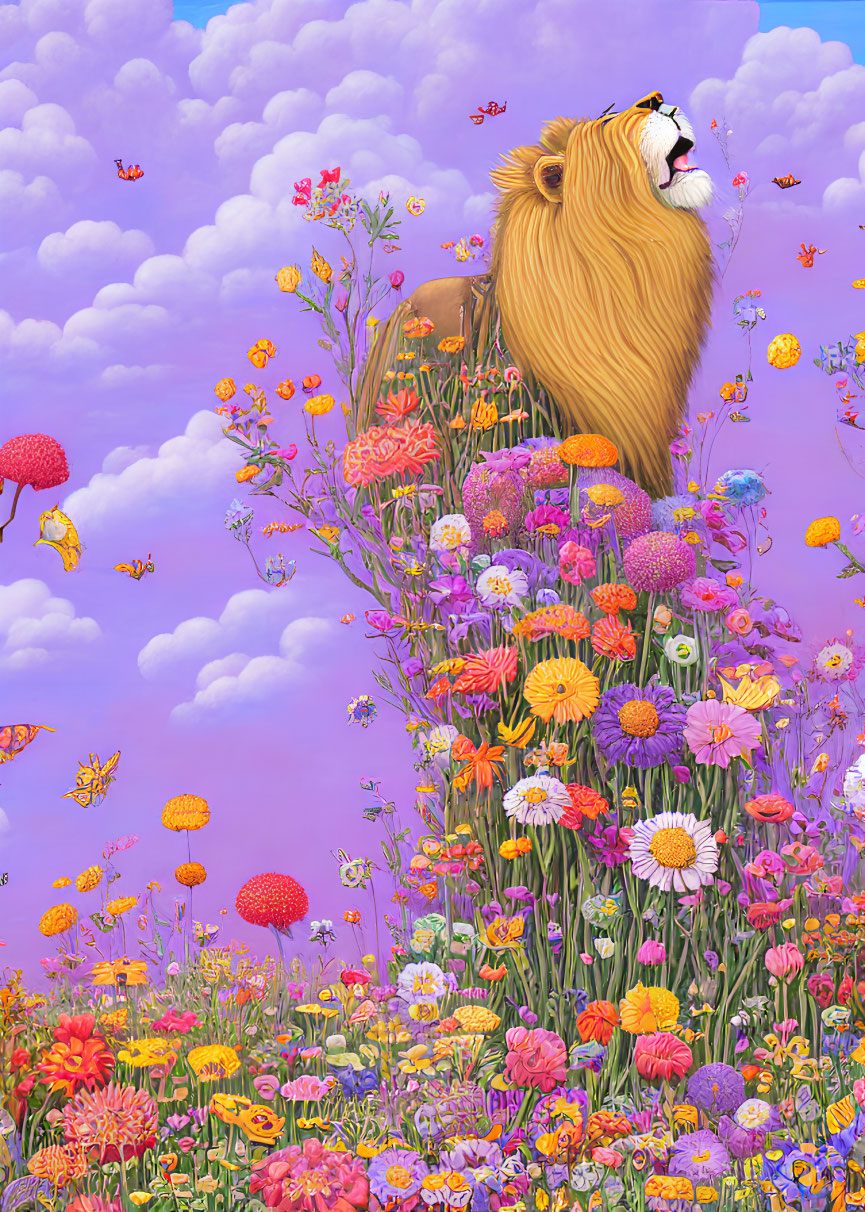 Majestic lion in colorful flower field under purple sky