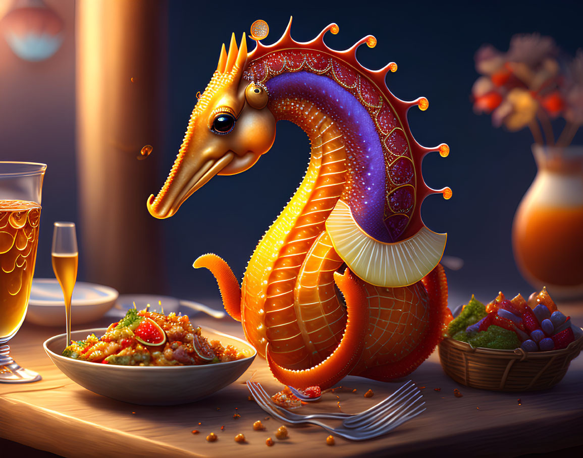 Anthropomorphic seahorse dining with salad and fruit in cozy evening scene