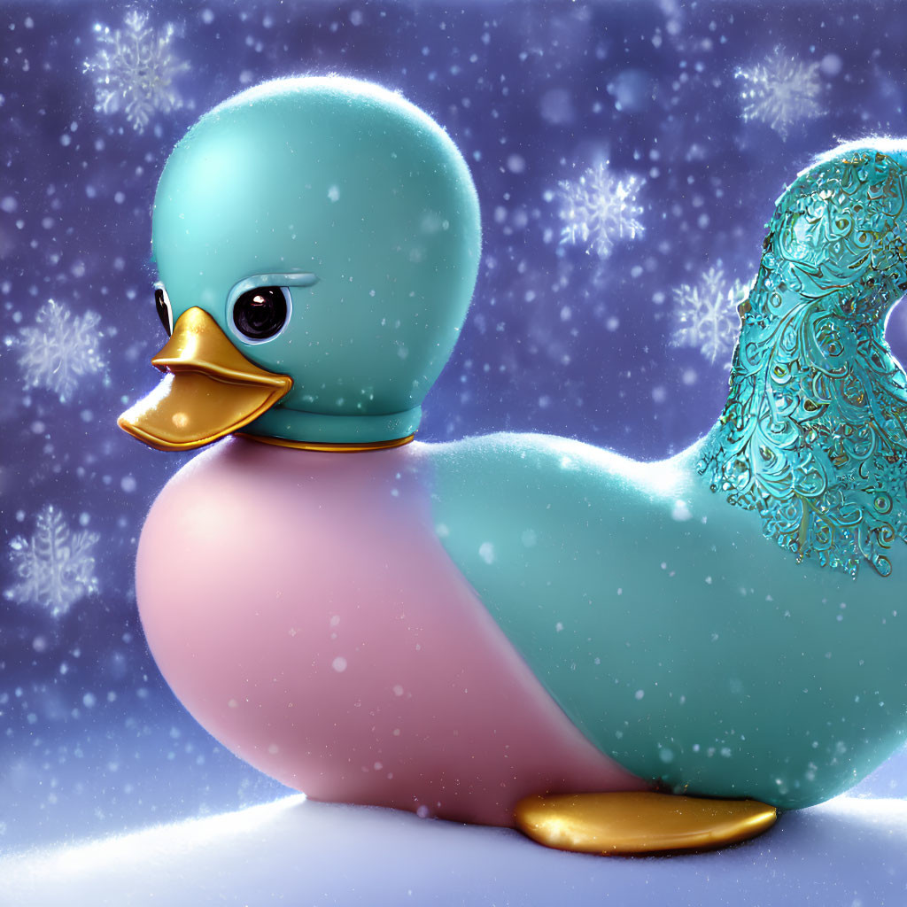 Stylized rubber duck with teal head and intricate blue patterns on snowy backdrop