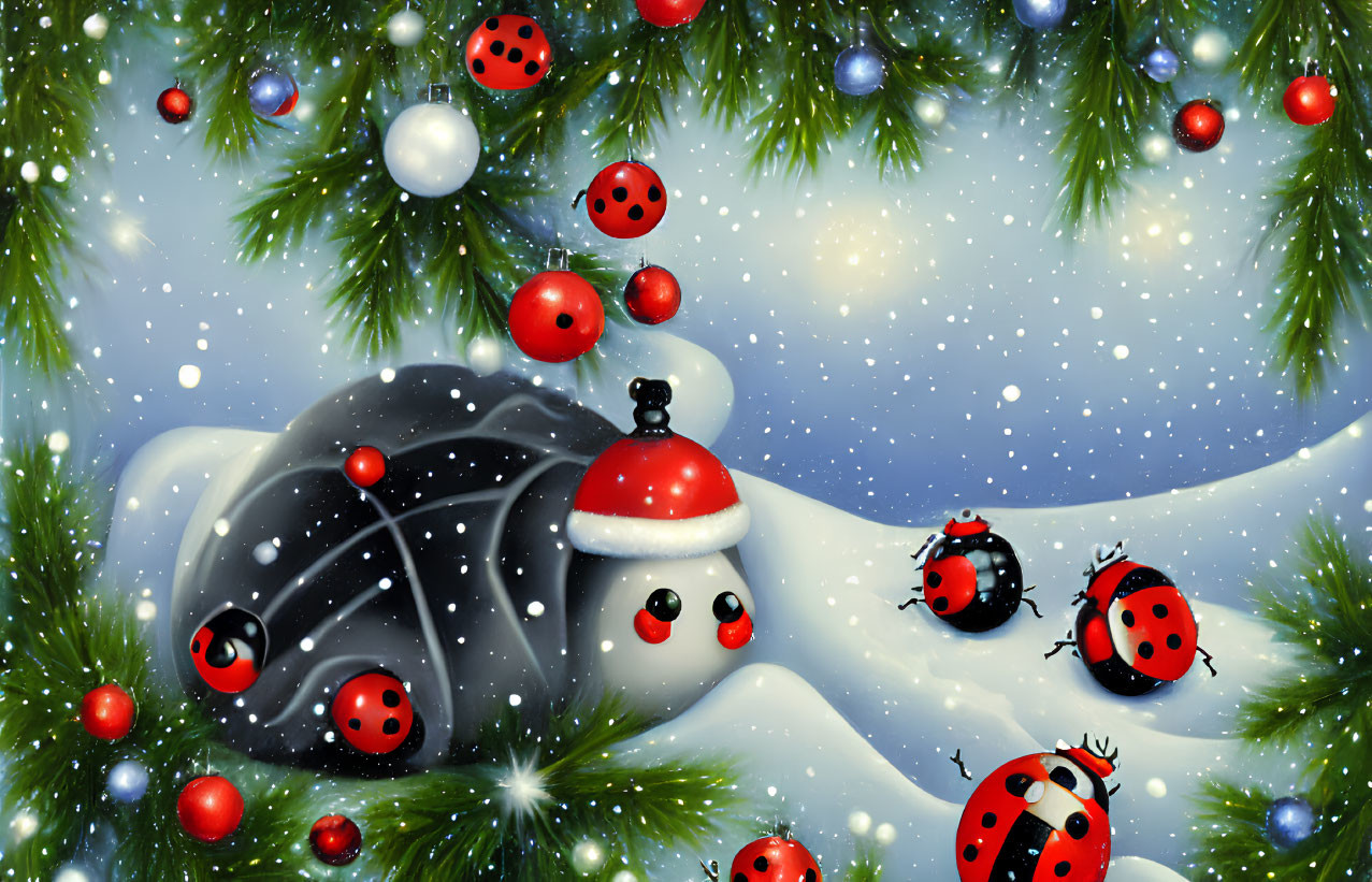 Ladybugs in Santa hats with ornaments on snowy pine branches under a starry sky