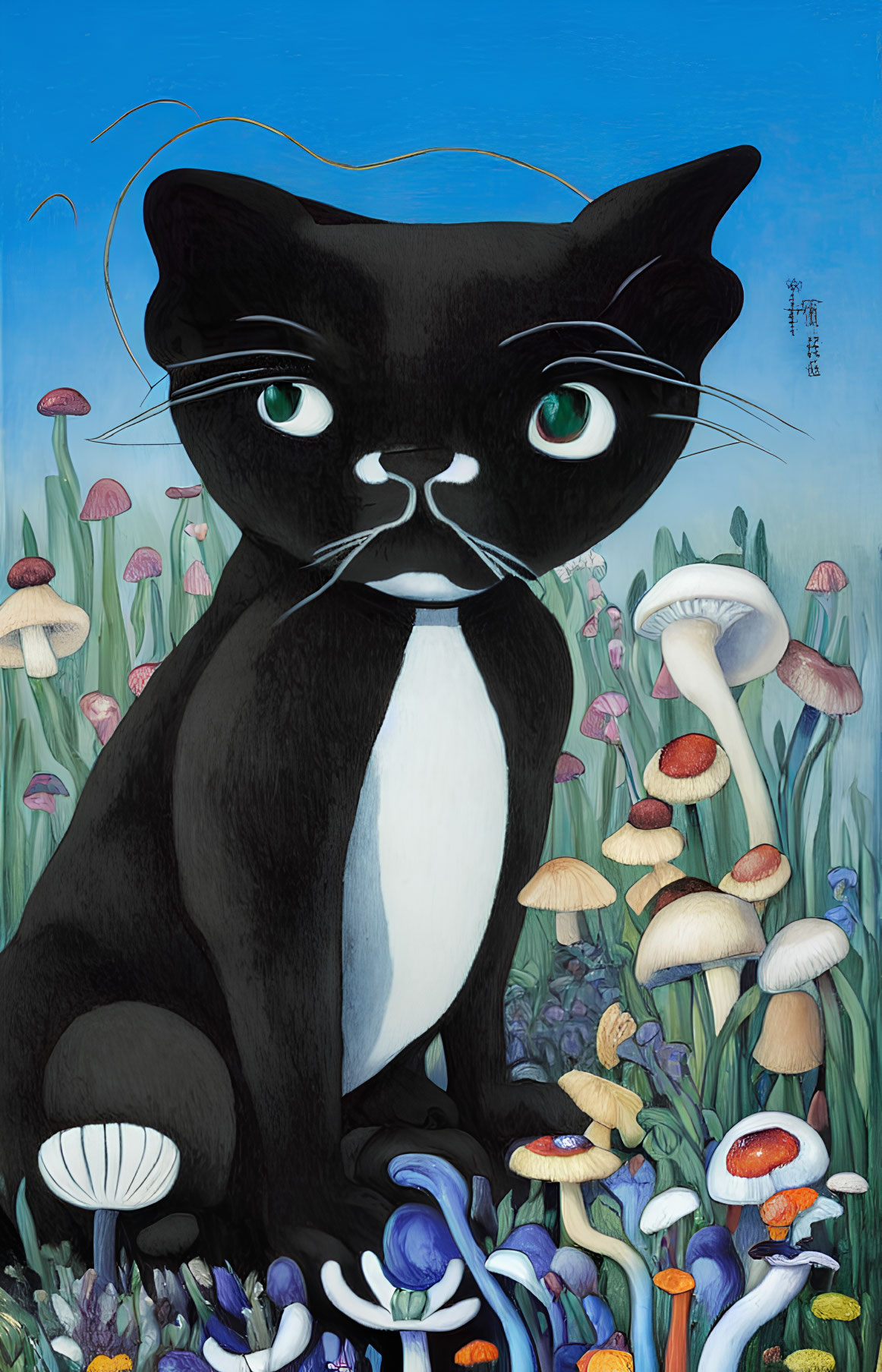 Black and White Cat Surrounded by Mushrooms and Flowers Under Blue Sky