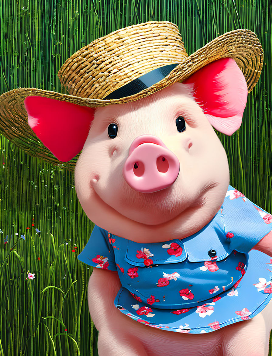 Animated pig in straw hat and floral shirt on grassy background