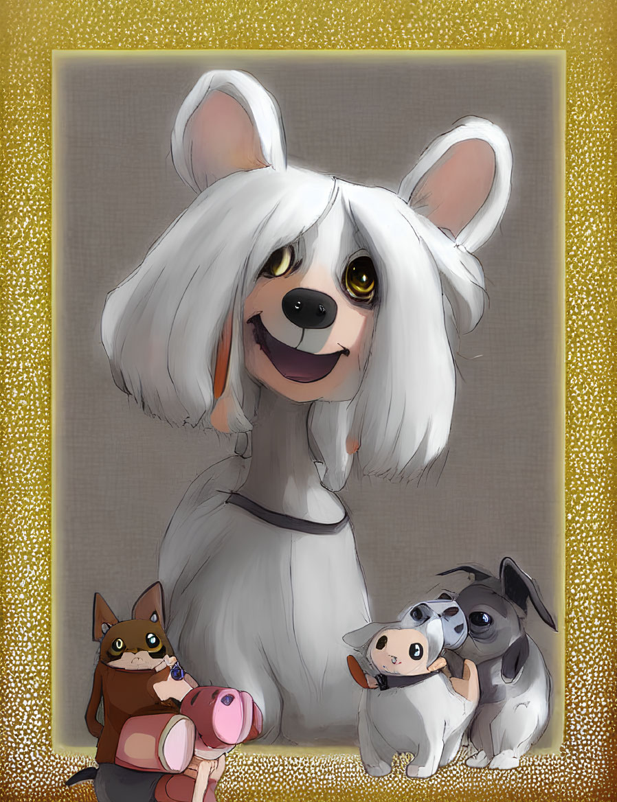 White Fur Anthropomorphic Dog with Collar and Two Smaller Dogs on Golden Background