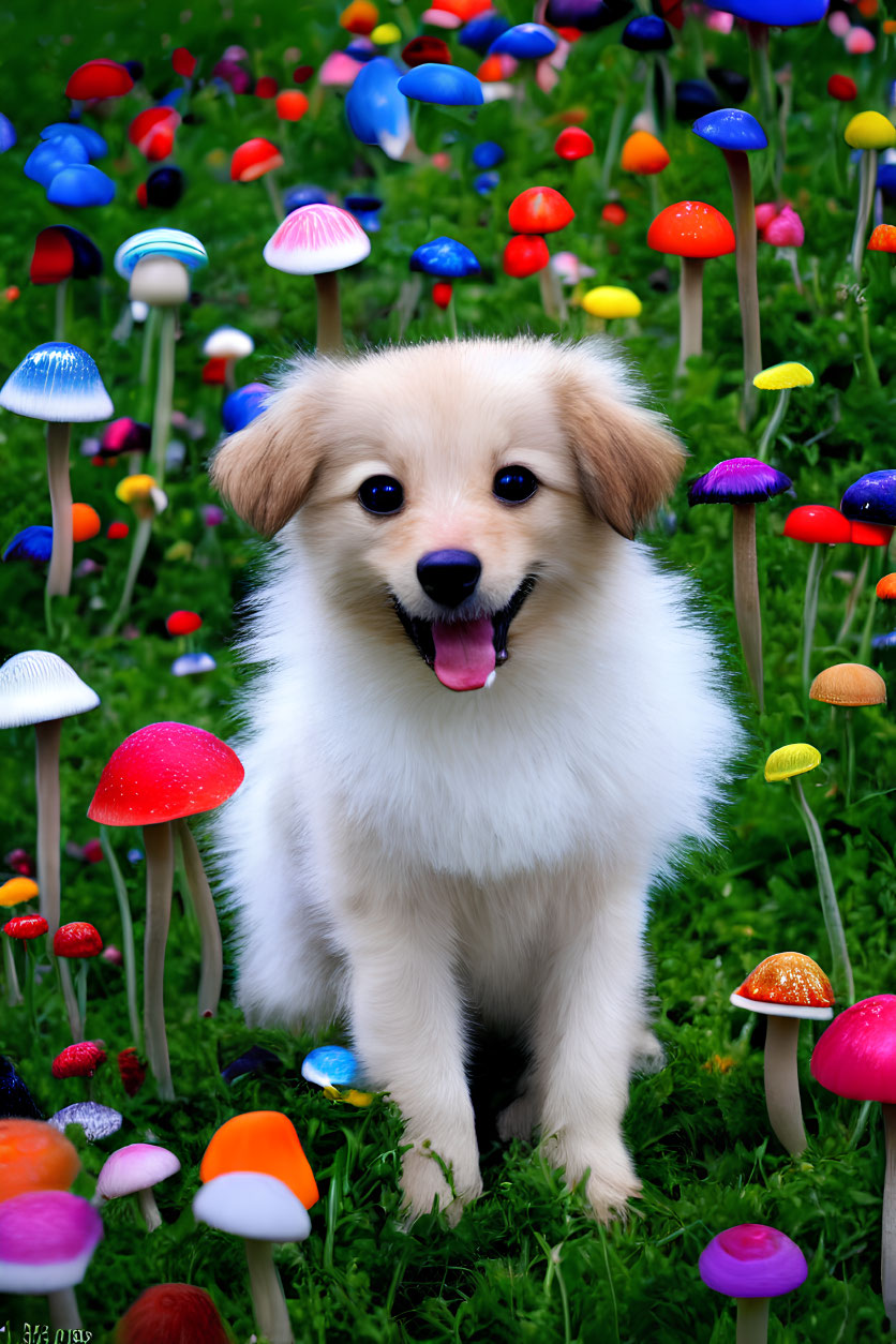 Fluffy Tan and White Puppy with Colorful Mushrooms on Green Grass