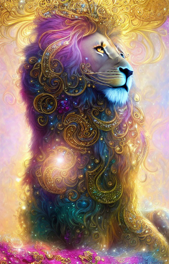 Majestic lion with golden adorned mane in purple, blue, and gold colors