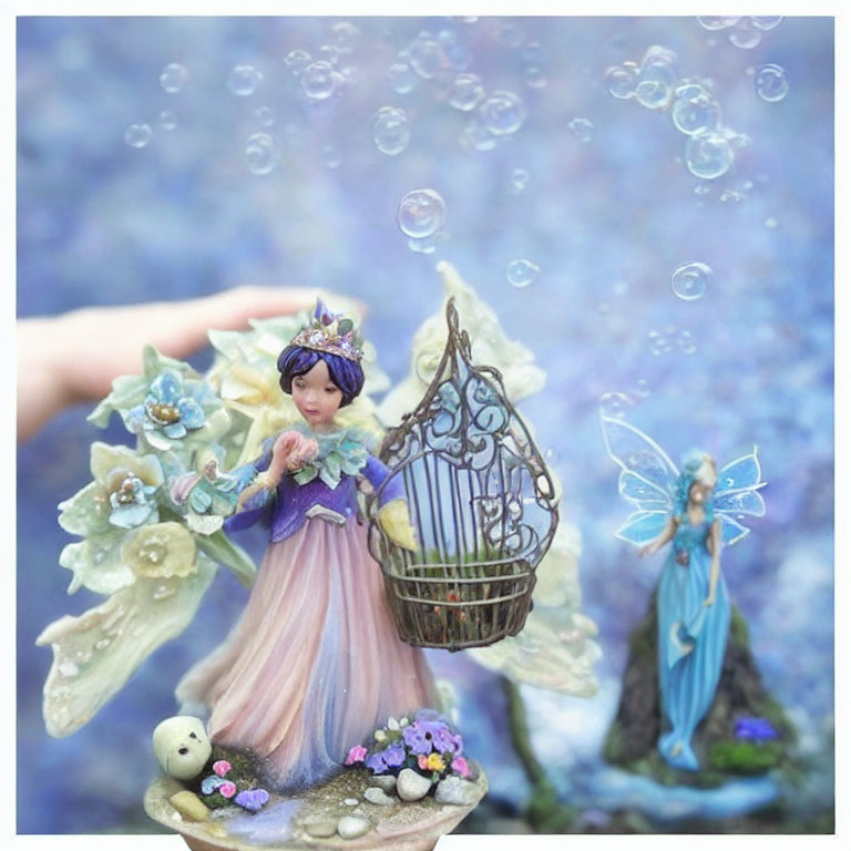 Figurines of fairies in lavender and blue dresses with birdcage, bubbles, and floral