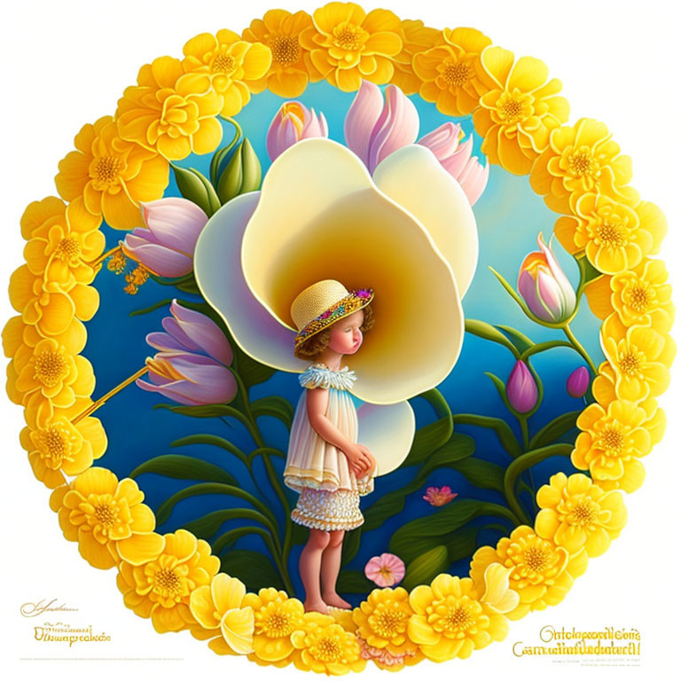 Vibrant illustration of young girl in yellow flower frame