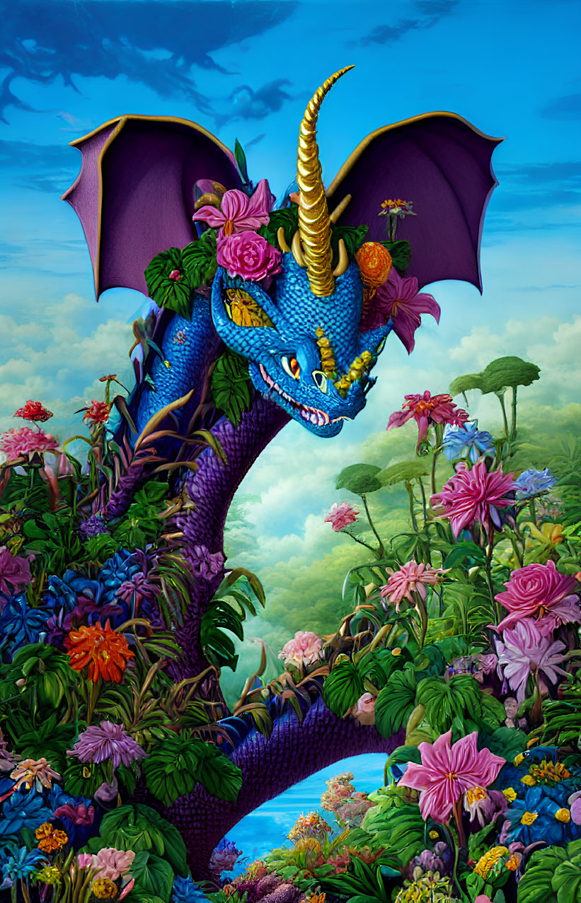 Colorful Smiling Blue Dragon with Golden Horn in Floral Scene