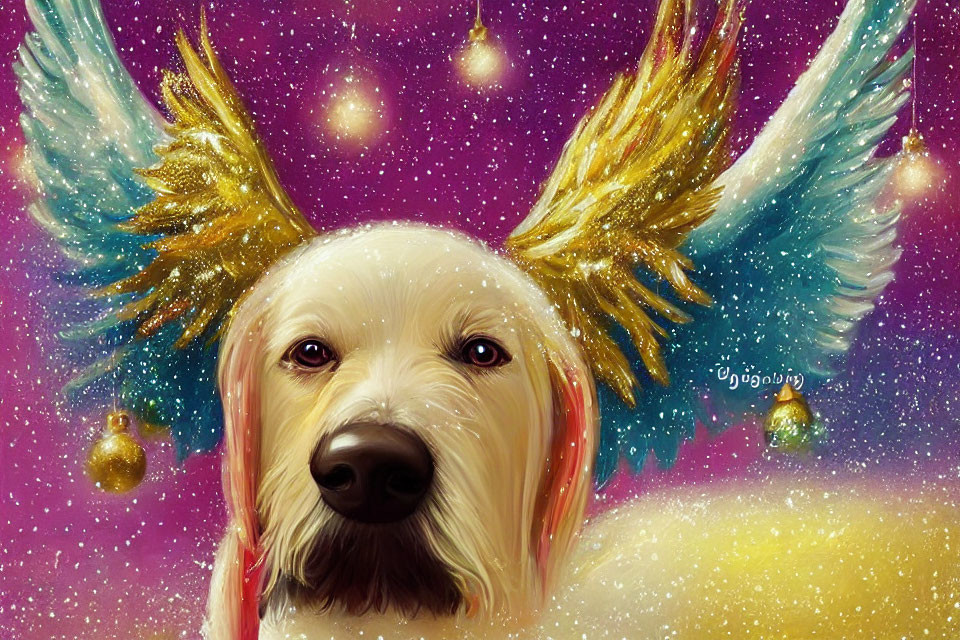 Whimsical white dog with angel wings under starry sky and Christmas ornaments.