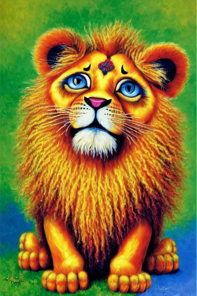 Whimsical lion illustration with big blue eyes and ornate marking