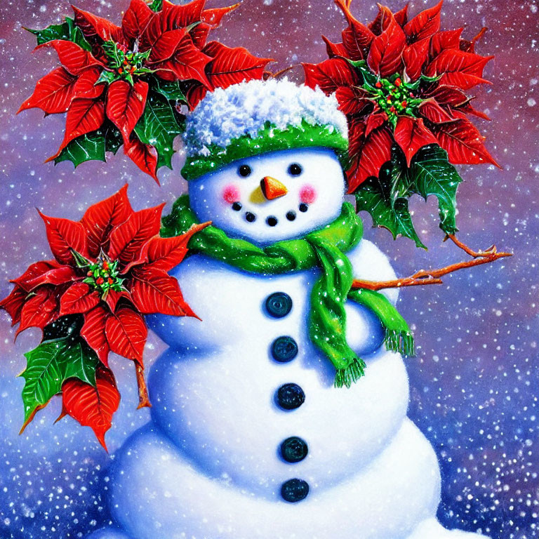 Snowman with Green Scarf and Top Hat Surrounded by Poinsettia Flowers in Snowfall