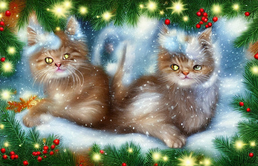 Fluffy Cats in Festive Winter Scene with Lights and Berries