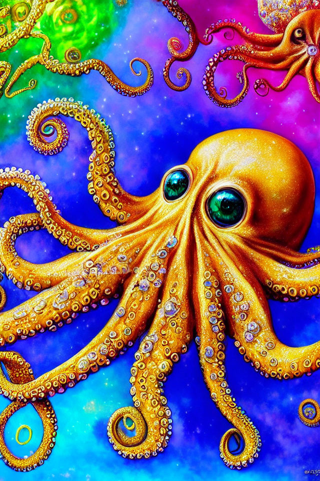 Colorful Octopus Artwork with Psychedelic Background in Blues and Greens