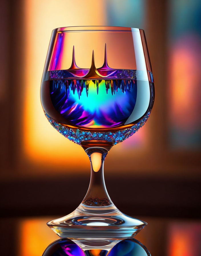 Abstract fiery pattern in colorful liquid inside a wine glass