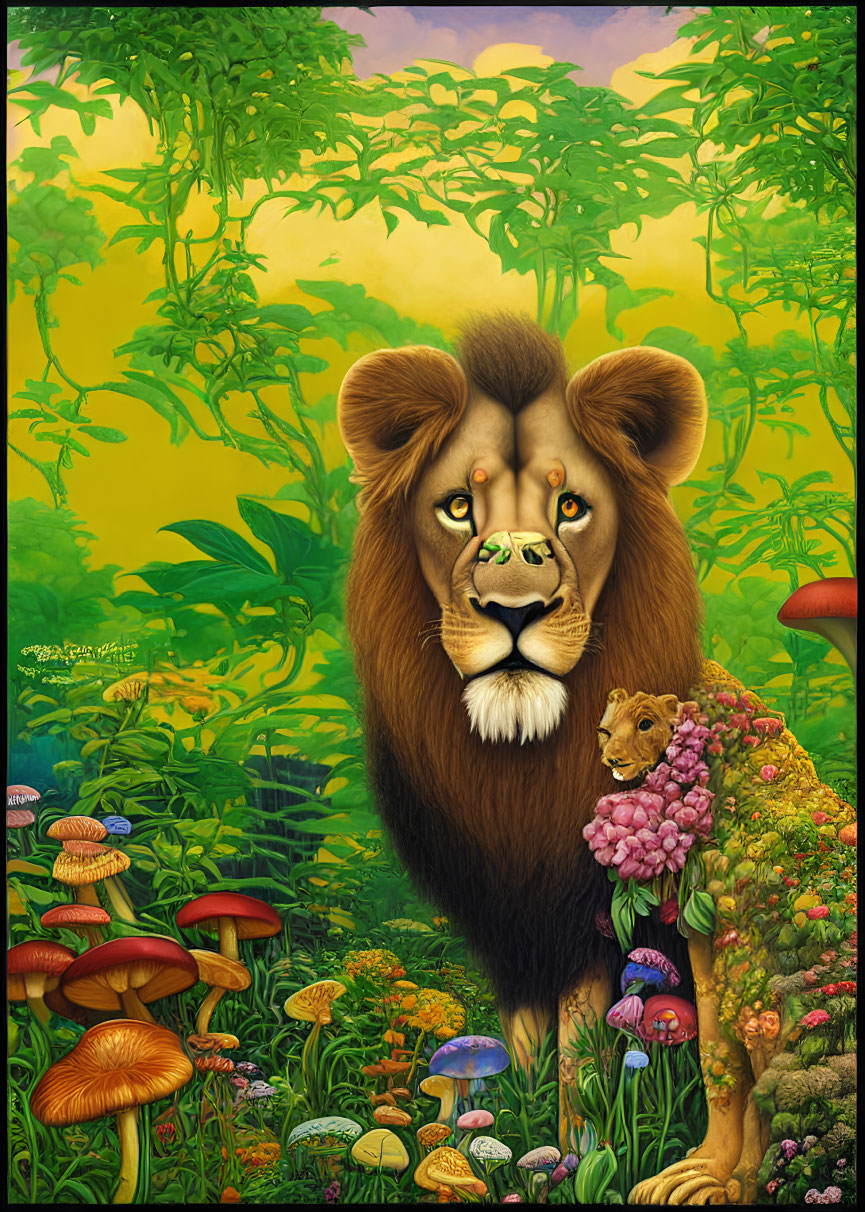 Stylized lion and lioness in vibrant jungle scene