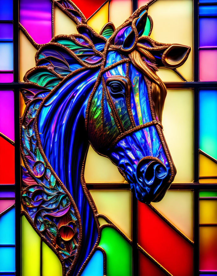 Vibrant horse head sculpture on colorful stained glass background