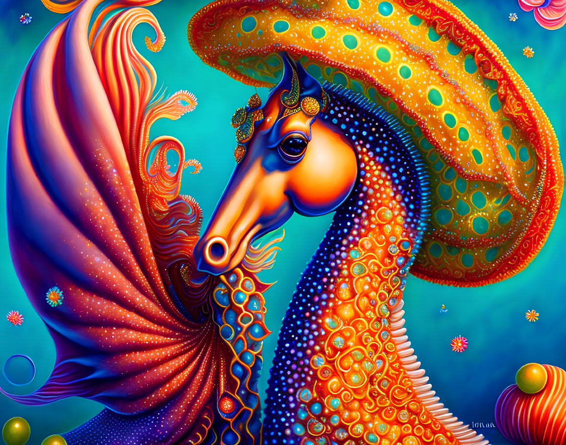 Colorful Psychedelic Seahorse Illustration with Mexican Sombrero on Blue Background