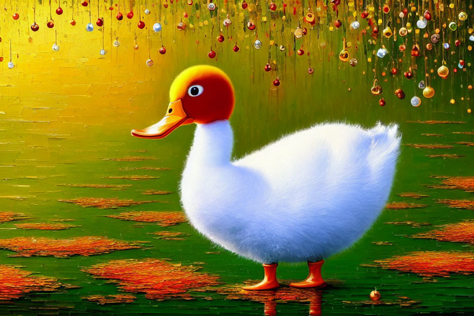 Vibrant digital artwork of stylized white duck by reflective water